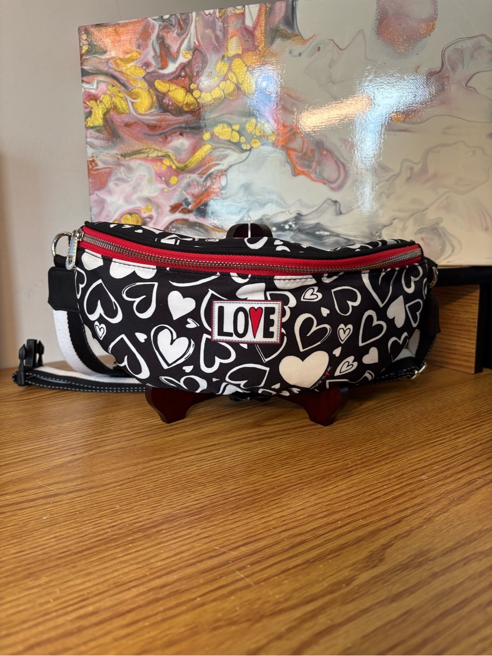 Brighton Black & White Heart Crossbody Bag with Red Trim